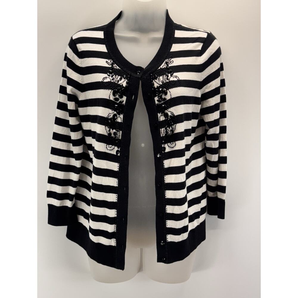 Talbots Classic Cardigan Sweater Black White Stripe Embroidered Beaded Women’s M
